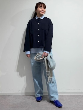 「アイテム（ノーカラージャケット、ブルー系）」を使った、fuuさん（レディース・154cm）の冬コーディネート