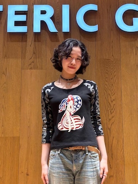 「HYSTERIC GLAMOUR（ヒステリックグラマー）のCOBRA 七分袖チビTシャツ（Tシャツ/カットソー、ブラック系）」を使った、ユウさん（レディース・168cm）の夏コーディネート