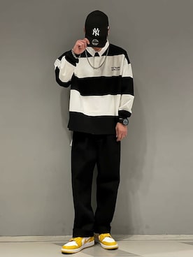 「ラガーシャツ」｜「アイテム（スラックス）」を使った、WEGOさん（メンズ・181cm）の冬コーディネート