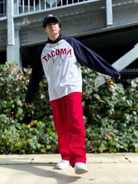「ラグランTシャツ」｜「アイテム（スラックス）」を使った、WEGOさん（メンズ・173cm）の春コーディネート