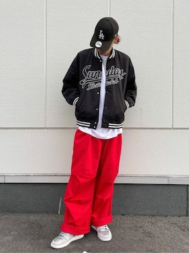 「レッド」｜「アイテム（スタジャン）」を使った、WEGOさん（メンズ・180cm）の秋コーディネート