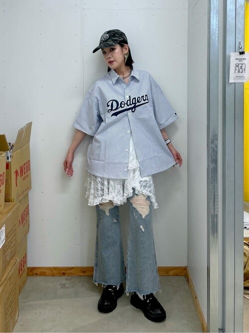 ∴WEGO/【25年春夏新作】MLB別注ストライプグラフィックシャツ