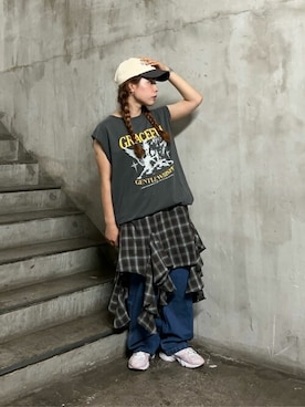 「アイテム（帽子、グレー系）」を使った、WEGOさん（レディース・156cm）の夏コーディネート