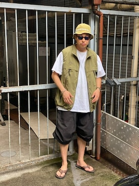 「MANASTASH（マナスタッシュ）のアイテム（ベスト）」を使った、tenkuluさん（メンズ・174cm）の夏コーディネート