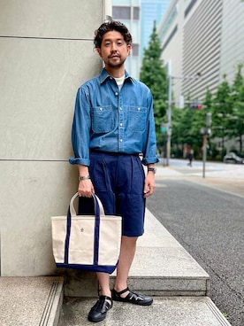 「アイテム（トートバッグ、ブルー系）」を使った、佐藤さん（メンズ・173cm）の夏コーディネート