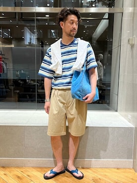 「アイテム（トートバッグ、ブルー系）」を使った、佐藤さん（メンズ・173cm）の夏コーディネート
