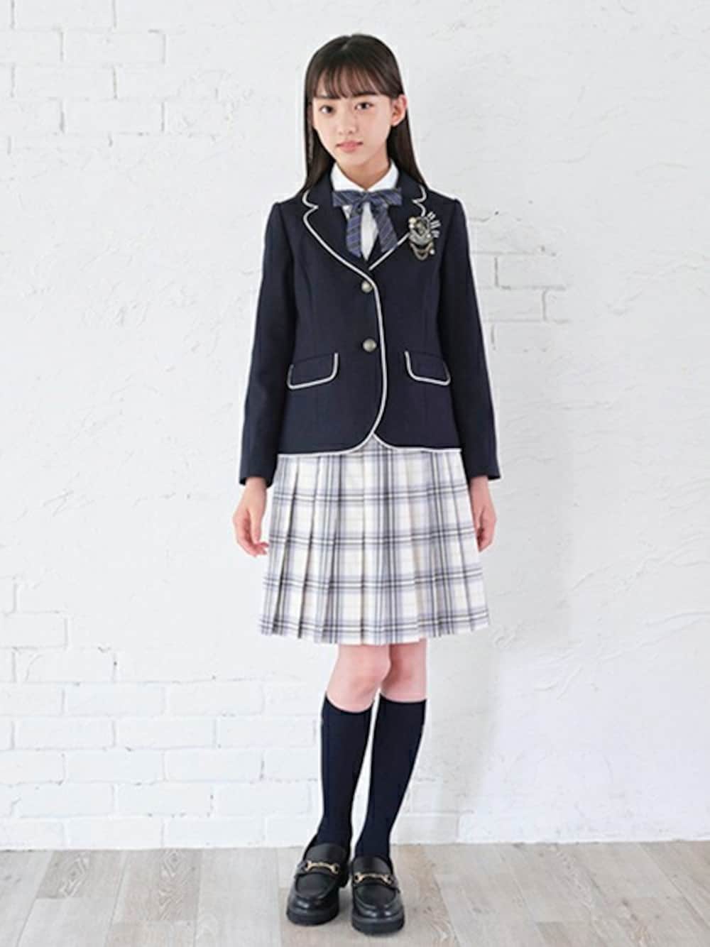 メゾピアノジュニア160チェック柄ジャケット×サスペンダースカート×リボンタイ メゾピアノジュニア チェック柄ジャケット×サスペンダースカート