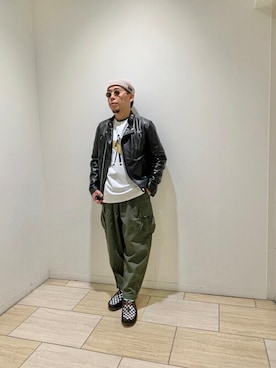 「ストリートカジュアル」｜「アイテム（ライダースジャケット）」を使った、funatoさん（メンズ・166cm）の春コーディネート
