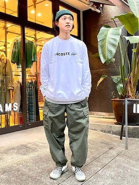 「LACOSTE」｜「アイテム（ニットキャップ/ビーニー）」を使った、BEAMSさん（メンズ・178cm）の春コーディネート