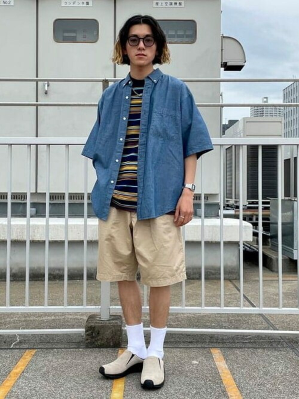ブルー系のシャツ/ブラウス、ブルー系のTシャツ/カットソー、ベージュ系のサンダルを着用したメンズの夏コーディネートの1枚目の写真