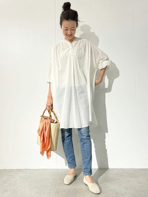 セット 3点 ビアズリー ハシゴステッチカディシャツチュニック 白 px7 セット 3点 ビアズリー ハシゴステッチカディシャツチュニック