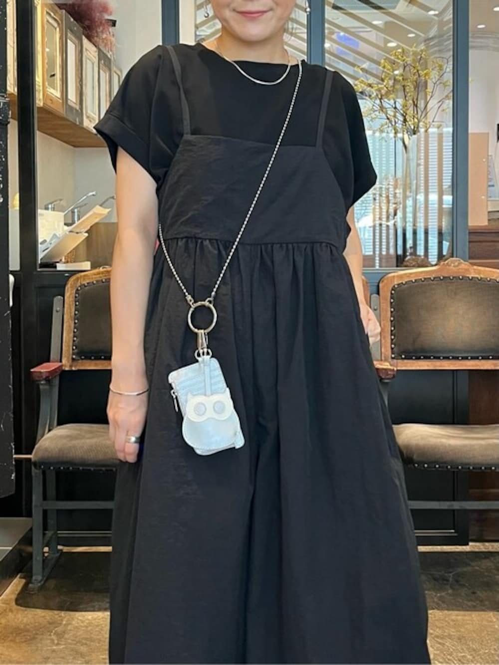 「ゆったり、体型カバー、ビアズリー、BEARDSLEY」｜「LIVETARTの《インフルエンサーコラボ》アニマルチャームセットストラップ（キーホルダー、シルバー系）」を使った、BEARDSLEYさん（レディース・156cm）の夏コーディネートの1枚目の写真