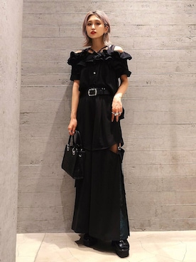 「HARE（ハレ）のFlowerエンボスミニトートバッグ(HARE)（ショルダーバッグ、ブラック系）」を使った、sayaさん（レディース・157cm）の春コーディネート
