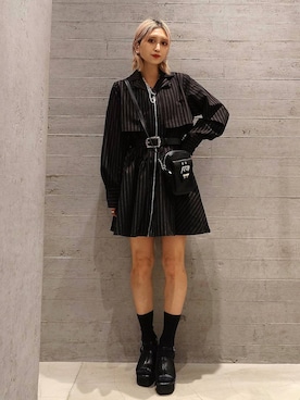 「HARE（ハレ）のガラソールチャンキーサンダル(HARE)（サンダル、ブラック系）」を使った、sayaさん（レディース・157cm）の春コーディネート