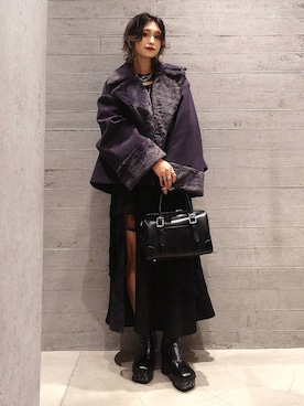 「HARE（ハレ）のウーリーテックフェイクファーショートコート(HARE)（ピーコート）」を使った、sayaさん（レディース・157cm）の秋コーディネート