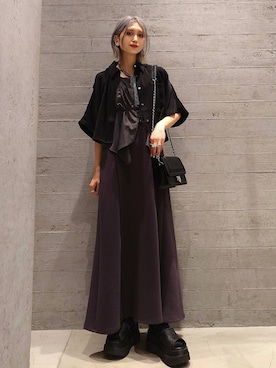 「HARE（ハレ）のリボンモチーフマグネットネックレス(HARE)（ネックレス、ブラック系）」を使った、sayaさん（レディース・157cm）の春コーディネート
