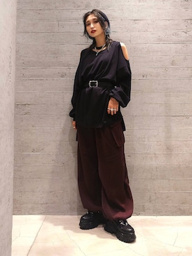 「アイテム（カーゴパンツ、レッド系）」を使った、sayaさん（レディース・157cm）の夏コーディネート