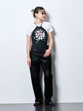 「Lee（リー）のLEE 別注 FAUX LEATHER パンツ（その他パンツ、ブラック系）」を使った、SAIRAIJIさん（レディース・168cm）の春コーディネート