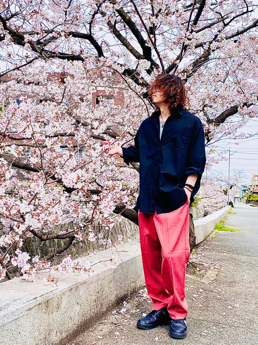 「桜、ピンク、ピンクコーデ、ピンクパンツ、春コーデ、LEE、Lee、chaopanic、チャオパニックティピー(CIAOPANIC TYPY)、チャオパニック、オーバーサイズシャツ、GU、GUコーデ、春服みてみて、エアフォースワン」｜「GUのアイテム（シャツ/ブラウス、ブラック系）」を使った、KEITA(ΦωΦ)さん（メンズ・182cm）の春コーディネートの1枚目の写真