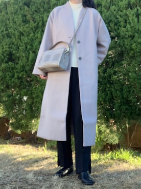 「黒パンツ」｜「アイテム（ノーカラーコート）」を使った、yuiさん（レディース・160cm）の冬コーディネート