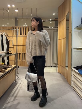 「SHENERY（シーナリー）のファーカシミヤ2WAYヘンリーニット（ニット/セーター、イエロー系）」を使った、GOTO_156cmさん（レディース・156cm）の秋コーディネート