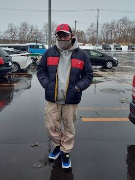 「アイテム（ダウンジャケット/コート、レッド系）」を使った、rinosmanさん（メンズ・179cm）の冬コーディネート