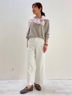 「UNTITLED（アンタイトル）の【ゆったり/リラクシー】リネンボートネックプルオーバー（ニット/セーター、ベージュ系）」を使った、world20102568さん（レディース）の夏コーディネート