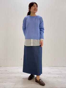 「UNTITLED（アンタイトル）の【洗える/光沢感】ファンシーヤーンニット（ニット/セーター、ブルー系）」を使った、world20102568さん（レディース）の冬コーディネート