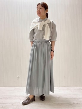 「UNTITLED（アンタイトル）の【接触冷感/通気性/洗える】スタンドカラーフリルブラウス（シャツ/ブラウス、ブラック系）」を使った、world20102568さん（レディース）の夏コーディネート