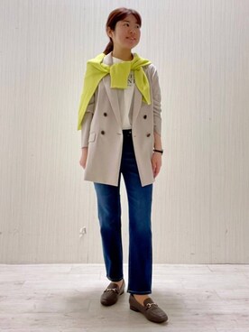 「UNTITLED（アンタイトル）の【UV/接触冷感/洗える】エアリー ダブルブレストジャケット（テーラードジャケット、ベージュ系）」を使った、world20102568さん（レディース）の春コーディネート