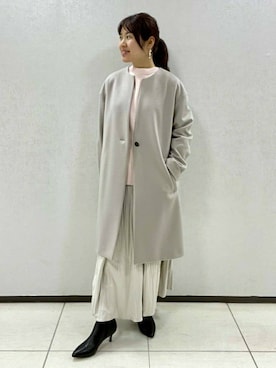 「アイテム（ノーカラーコート、ベージュ系）」を使った、world20102568さん（レディース・155cm）の冬コーディネート