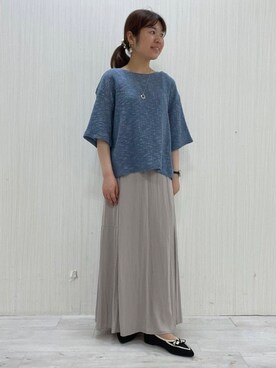 「UNTITLED（アンタイトル）の【五分袖/ジャージトップス】スラブカールマイヤープルオーバー（Tシャツ/カットソー、ブルー系）」を使った、world20102568さん（レディース）の夏コーディネート
