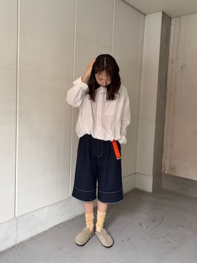 「THE GOODLAND MARKET（ザグッドランドマーケット）のcwtch　ORGANIC DENIM HARF PANTS（デニムパンツ、ブルー系）」を使った、suzuneさん（レディース・161cm）の春コーディネート