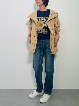「nissen（ニッセン）のハイウエストストレートデニムパンツ　ノンストレッチジーンズ（デニムパンツ）」を使った、ayamさん（レディース・160cm）の冬コーディネート
