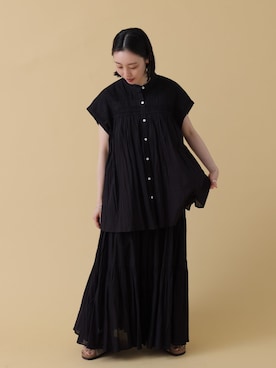 「JOURNAL STANDARD relume（ジャーナルスタンダード　レリューム）のコットンボイルクリンクルピンタックフレンチ（シャツ/ブラウス、ブラック系）」を使った、miyuuさん（レディース・148cm）の春コーディネート