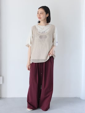 「JOURNAL STANDARD relume（ジャーナルスタンダード　レリューム）の接触冷感 / UVカット / 撥水 / ナイロンワイドパンツ（その他パンツ、レッド系）」を使った、miyuuさん（レディース・148cm）の夏コーディネート