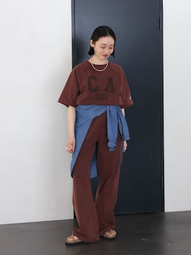 「Champion（チャンピオン）の別注【Champion/チャンピオン】16s/1 Jersey PT Bleach Wash：パンツ（スウェットパンツ、ブラウン系）」を使った、miyuuさん（レディース・148cm）の春コーディネート
