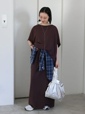「JOURNAL STANDARD relume（ジャーナルスタンダード　レリューム）のシアーボイルコットンチェックシャツ（シャツ/ブラウス、ブルー系）」を使った、miyuuさん（レディース・148cm）の春コーディネート