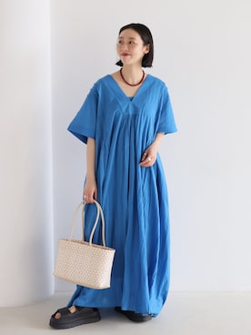 「JOURNAL STANDARD relume（ジャーナルスタンダード　レリューム）の《追加 / 新色》コットンボイルクリンクルタックカフタンワンピース（ワンピース、ブルー系）」を使った、miyuuさん（レディース・148cm）の春コーディネート