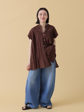 「JOURNAL STANDARD relume（ジャーナルスタンダード　レリューム）のコットンボイルクリンクルピンタックフレンチ（シャツ/ブラウス、ブラウン系）」を使った、miyuuさん（レディース・148cm）の春コーディネート