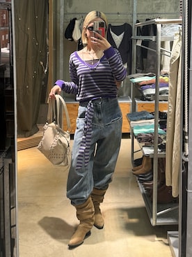 「WHO'S WHO gallery（フーズフーギャラリー）のタイ付きボーダーVニット（ニット/セーター、パープル系）」を使った、shi131hoさん（レディース・158cm）の秋コーディネート