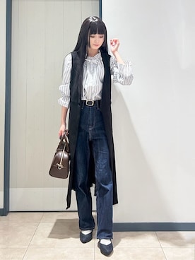 「grove（グローブ）のフリルカラーリボンブラウス（シャツ/ブラウス、ブルー系）」を使った、yukinoさん（レディース・156cm）の秋コーディネート