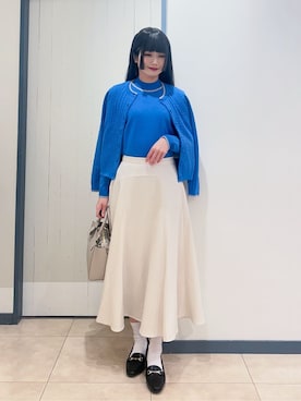 「grove（グローブ）のミニケーブルクルーネックカーディガン（カーディガン/ボレロ、ブルー系）」を使った、yukinoさん（レディース・156cm）の冬コーディネート