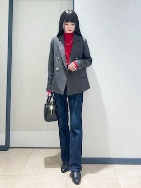 「grove（グローブ）の【カセット服】ダブルブレストテーラードジャケット（テーラードジャケット、ブラウン系）」を使った、yukinoさん（レディース・156cm）の秋コーディネート