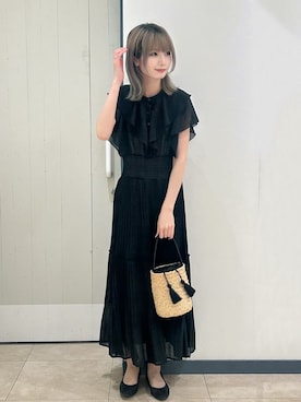 「grove（グローブ）の夏の主役シフォンプリントプリーツワンピース（ワンピース、ブラック系）」を使った、yukinoさん（レディース・156cm）の夏コーディネート