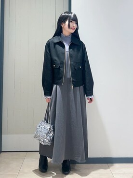 「grove（グローブ）のカジュアルに羽織れる、大人のツイードトラックジャケット（ブルゾン、ブラック系）」を使った、yukinoさん（レディース・156cm）の秋コーディネート