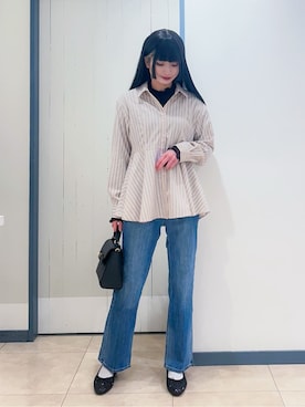 「grove（グローブ）の◆【体型カバー】一枚でもレイヤードでも、ペプラムフレアシャツ（シャツ/ブラウス、ピンク系）」を使った、yukinoさん（レディース・156cm）の冬コーディネート