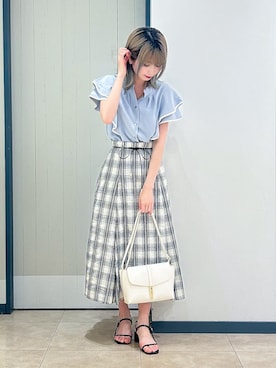 「grove（グローブ）のコードリボンタックAラインスカート（スカート、ホワイト系）」を使った、yukinoさん（レディース・156cm）の夏コーディネート