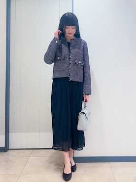 「grove（グローブ）の【ハレの日・通勤】着回しできる上品ツイードジャケット（ノーカラージャケット、ブルー系）」を使った、yukinoさん（レディース・156cm）の冬コーディネート