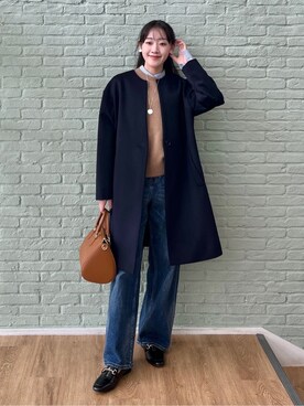 「UNTITLED（アンタイトル）の【ゆったり/軽やか】カシミヤ混ノーカラーコート（ノーカラーコート、ブルー系）」を使った、kaba0913さん（レディース）の冬コーディネート